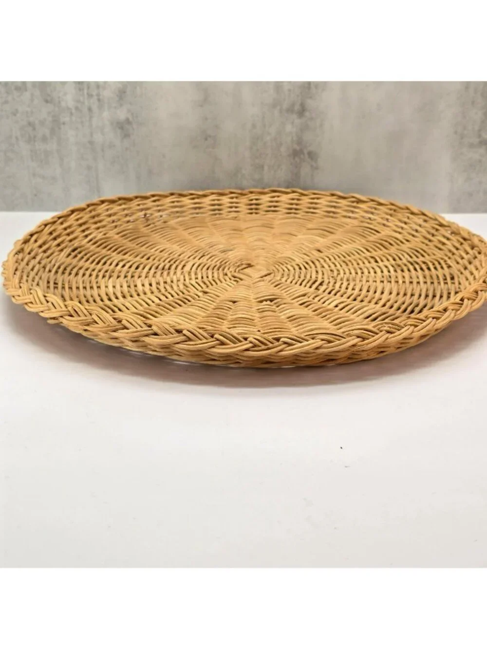 Large Vintage Woven Rattan Round Basket Tray Handmade Rustic Decor 12.5